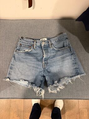 Agolde Light Blue Raw Hem Denim Shorts - Parker Long